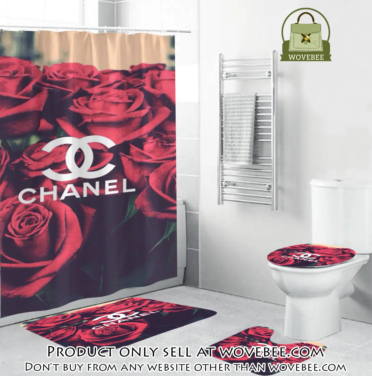 Coco chanel logo in red roses background bathroom set shower curtain wvb4657199